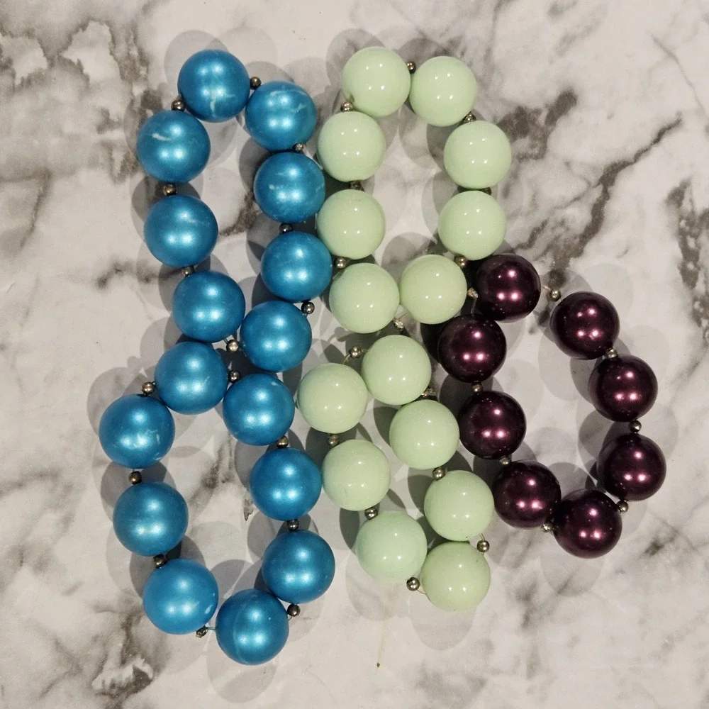 Kids Chunky‎ Beaded Bracelet Lot – Solid Colors Blue Green Purple (Non-Stretch)